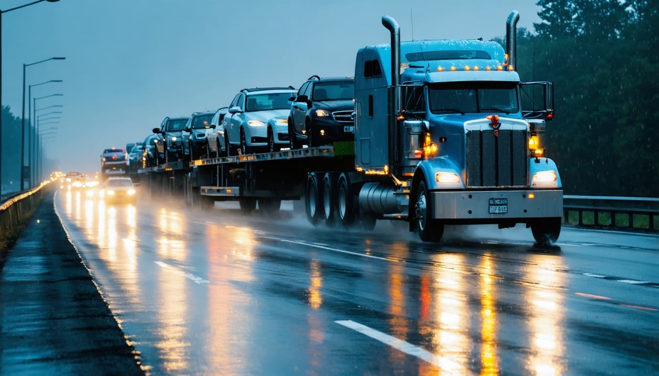 Car carrier loaded with vehicles on a rain-slicked interstate at dusk